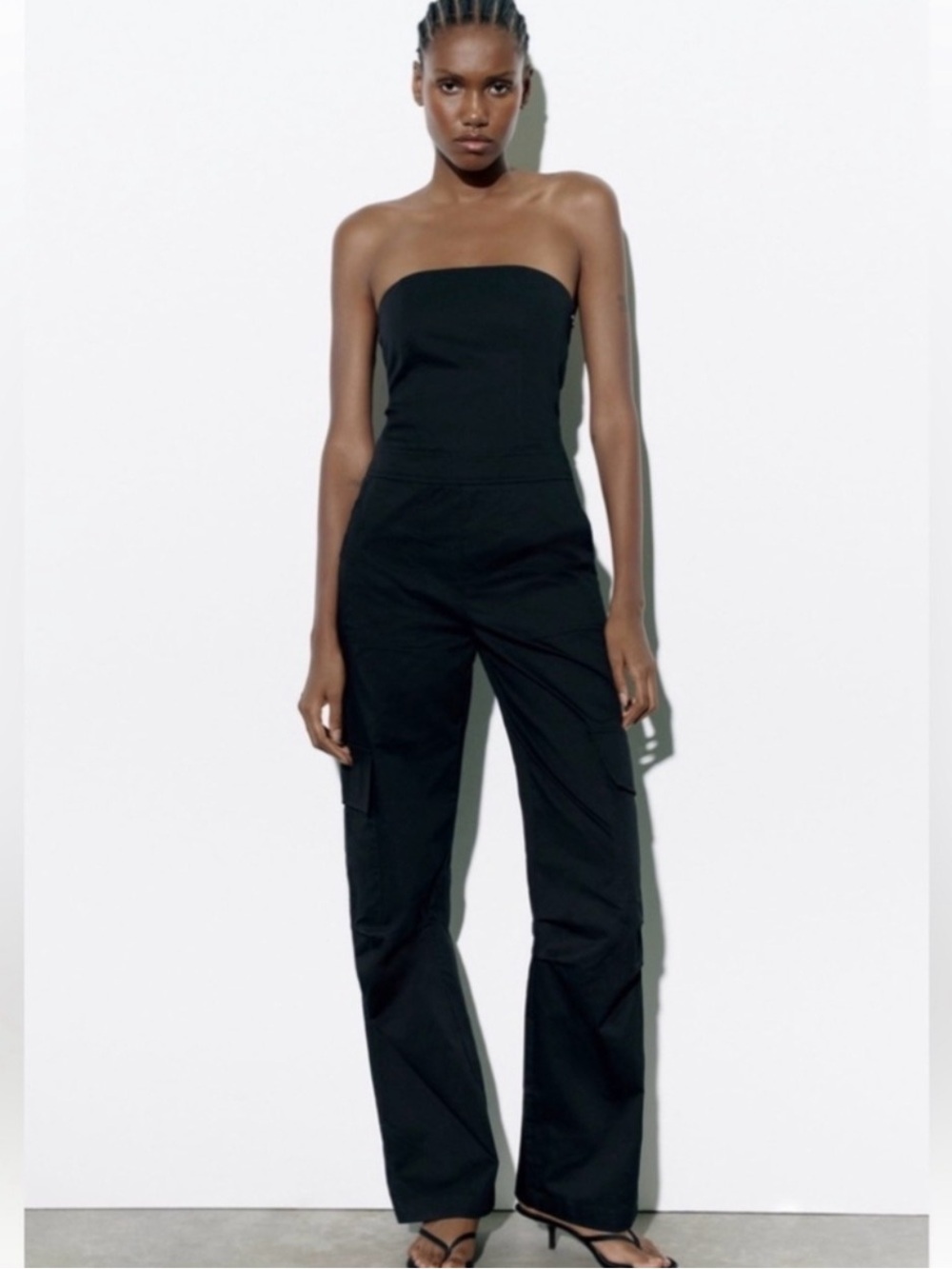 Zara Black Strapless Cargo Jumpsuit
